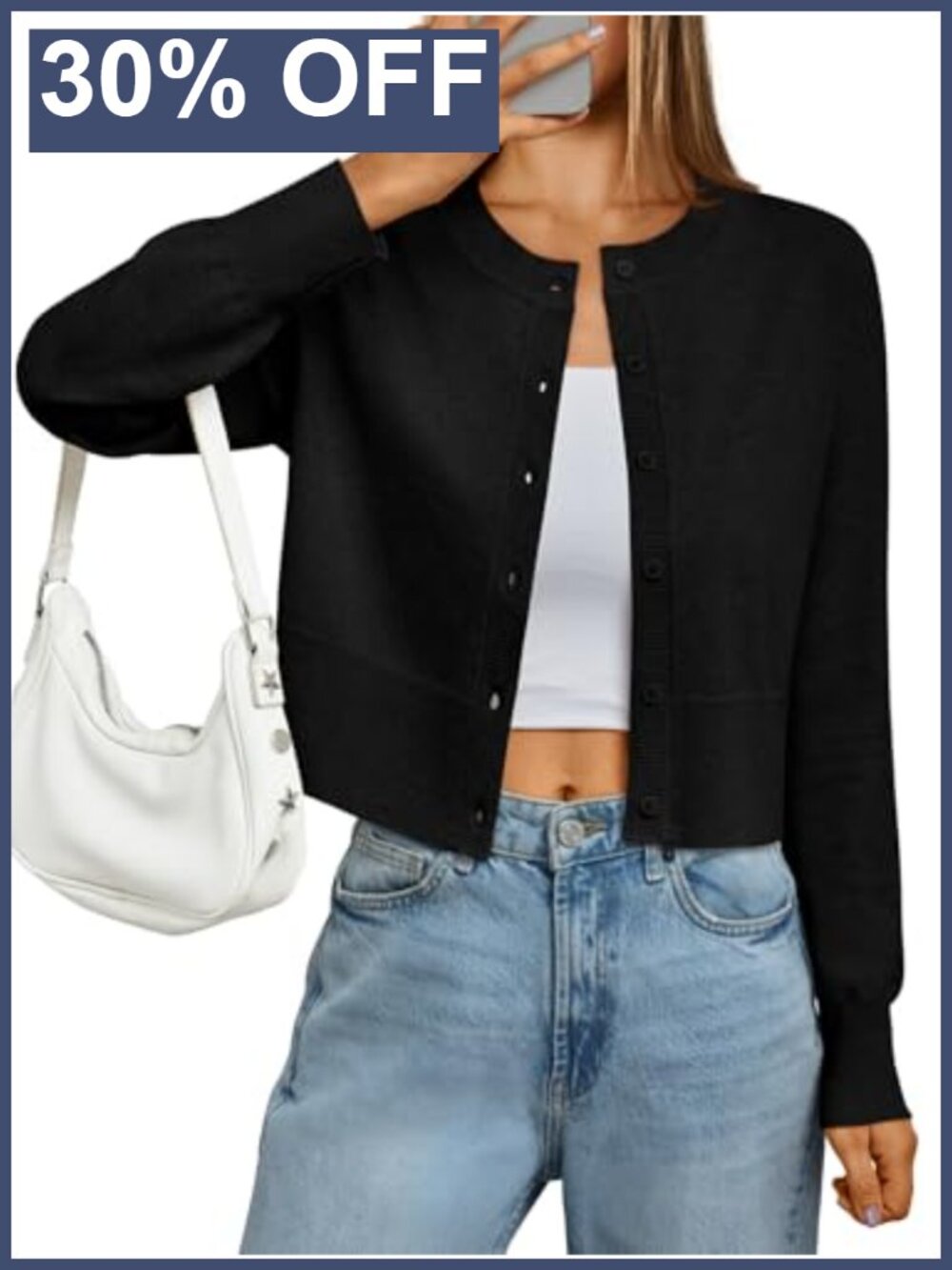 LILLUSORY Cropped Lightweight Cardigan Button Crew Neck Long Sleeve